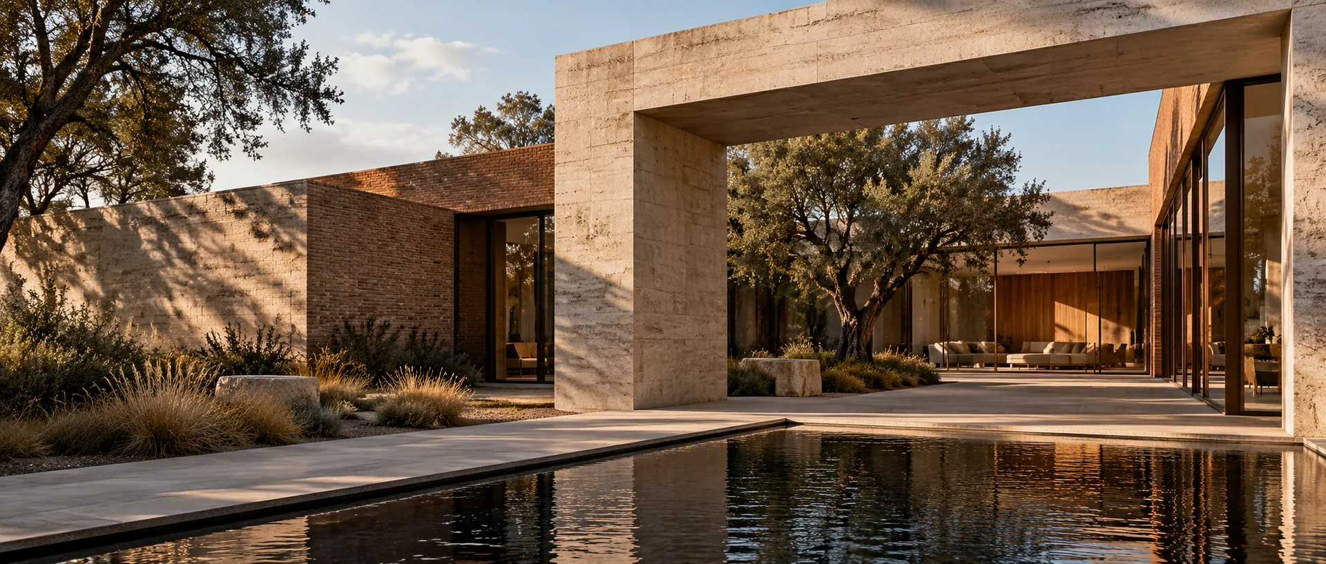Sculptural limestone courtyard residence in warm evening light