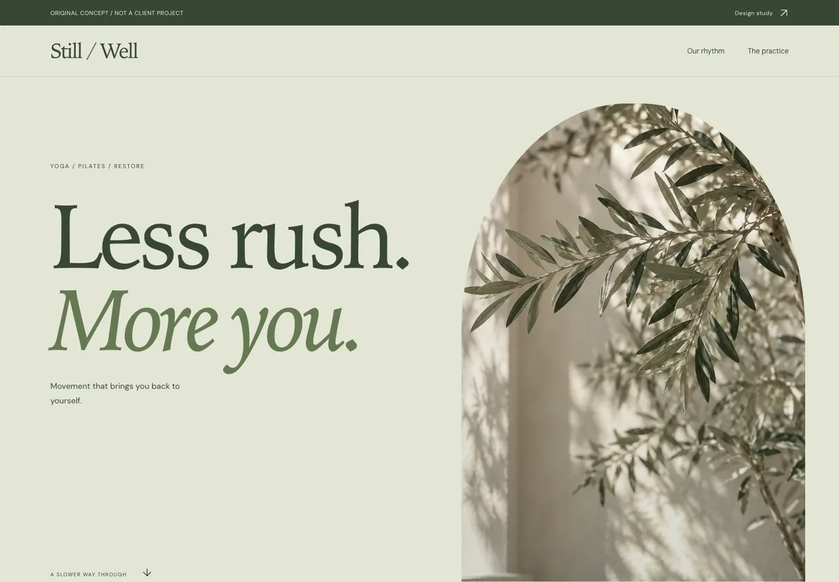 Still / Well concept homepage at desktop width